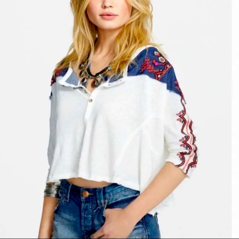 We The Free People Rio Henley Embroidered Linen Crop Oversized Top XS Boho